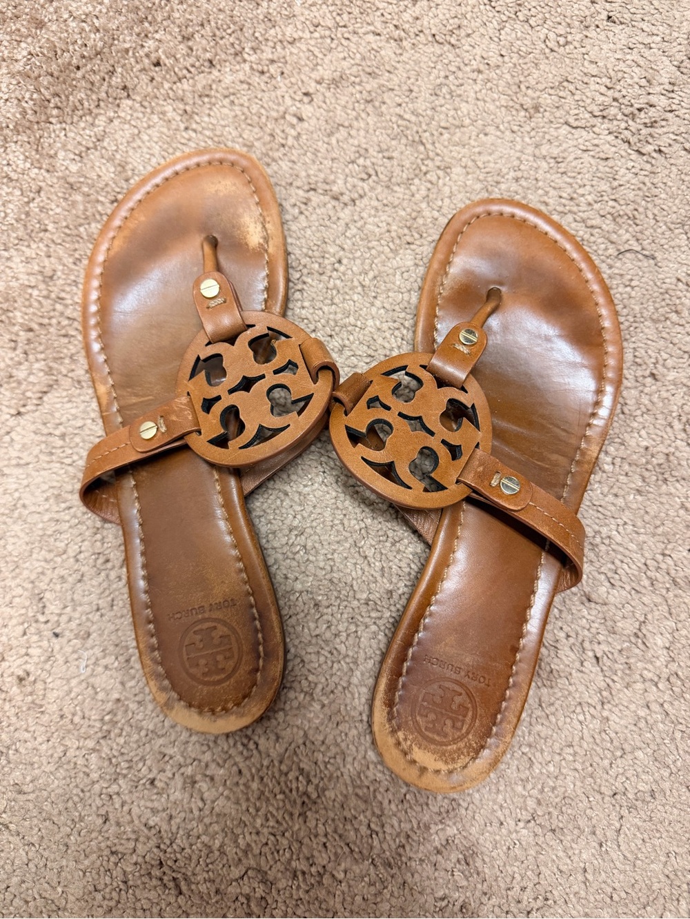 Tory Burch Tan Leather Logo Thong Sandals